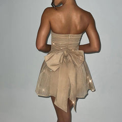 Tube Top Lace Dress with Back Bow /Fashion Mesh Stitching Mini Dress