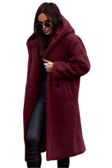 Red Wine Women's Long Hooded Faux Sheep Wool Coat - Warm & Stylish Winter 