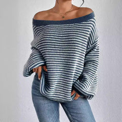 Women’s Off-Shoulder Fold over Contrast Sweater Trendy Knit Top