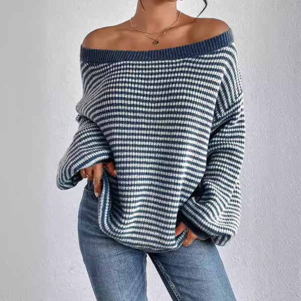 Plus Size Blue Women’s Off-Shoulder Fold over Contrast Sweater Trendy Knit Top