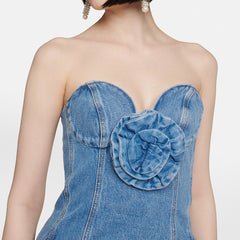 Women's 3D Floral Denim Dress  Embroidered Flower Jean Mini Dress