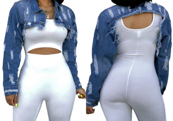 Effortless Edge: Women's Distressed Crop Denim Jacket Collection
