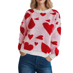 Women’s Round Crew Neck Heart Pullover  Sweet College Style