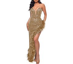 Women's Strapless Backless Sequin Slit Dress