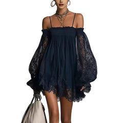 Navy Blue Plus Size Women's Patchwork Mini Dress Loose Fit Street Style Fashion Dress
