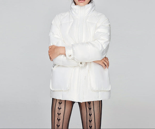 Women's Metallic Down Puffer Coat  Stand Collar & Multi-Pocket Winter Jacket