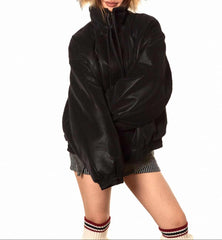 Black Plus Size Women's Vintage Wash Faux Leather Padded Bomber Jacket Black