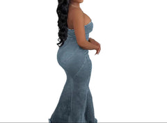 Women’s Denim Bandeau Maxi Dress in Medium Blue, Strapless Fit