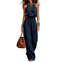 Blue Plus Size Women's Halter Neck Jumpsuit Wide Leg Pants Elegant Sleeveless One-Piece Outfit