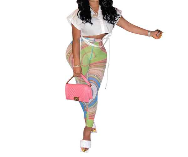 Women's Sheer Two Piece Pant Set Casual Summer Outfit with Crop Top & Front Knot