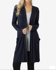 Navy Blue Plus Size Women’s Open Front Cardigan Slim Fit or Oversized, Long Sleeve Casual Sweater with Pockets