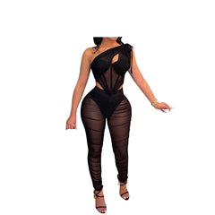 Ruffle Mesh Two-Piece Clubwear Set – Cut-Out Crop Tank Top & Flare Pants