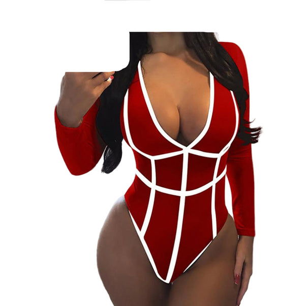 Red Plus Size Sexy Patchwork V-Neck Bodysuit Set for Women – Long Sleeve, Slim Fit, Seductive Partywear