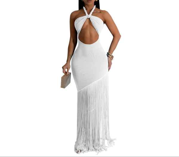 White Women's Twist Knot Strapless High Waist Tassel Maxi Dress  Elegant Temperament