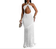 White Women's Twist Knot Strapless High Waist Tassel Maxi Dress  Elegant Temperament