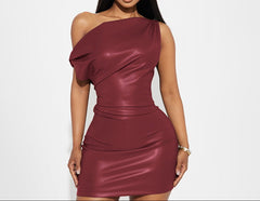 Faux Leather Ruched One-Shoulder Mini Dress