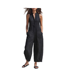 Black Women's Wide Leg Cropped Pants Loose Waist Sleeveless Jumpsuit