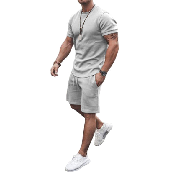 Men's Summer Vacation Gray Solid Flex Sport Short Set