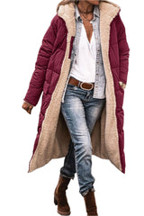 Red Women's Oversized Hooded Statement Coat with Long Sleeves