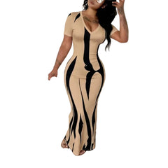 Women's  Chic Casual V-Neck Slim-Fit Short Sleeve Printed Midi Dress