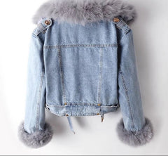 Women’s Moscow Denim Faux Fur Hooded Bomber Coat