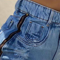 Women's High Waist Ripped Denim Shorts with Side Zipper Trendy Summer Look