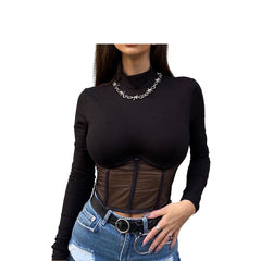 Sexy Women's Mesh Corset Top – Sheer Patchwork Bustier Crop Tank for Club or Party