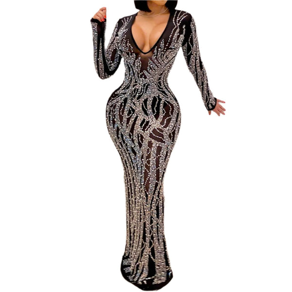 Sparkling Mesh Long-sleeved Split Dress – Perfect Diamond-studded New Year's Gown