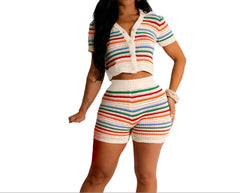 Summer Knit Two-Piece Set for Women Short Sleeve Crop Top & High-Waist Shorts