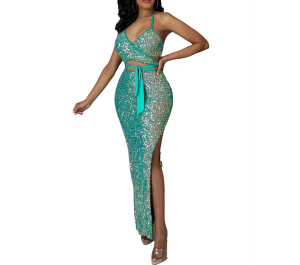 Shine Bright: Riviera Sequin Halter Party Dress with Strap-Up Detail