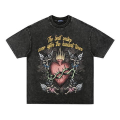 Gray  Washed Vintage Graphic T-Shirt - Short Sleeve Retro Style