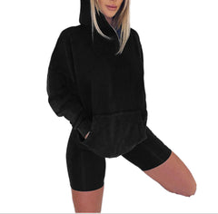 Black Women's Lightweight Summer Two-Piece Set – Casual Sweatshirt & Shorts Loungewear for Sport & Travel