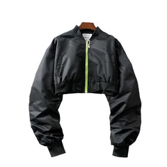 Black Women's Loose Cropped Pilot Jacket - Stylish Flight-Inspired Outerwear