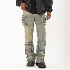 Men's Golden Mud Vintage Patchwork Micro-Flare Jeans Loose Casual Bootcut in Washed Yellow