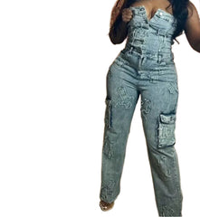 Labor Day Ready Women's Dark Wash Denim Corset Jumpsuit Set Sleeveless, Cut Out, Wide Leg