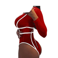 Sexy Patchwork V-Neck Bodysuit Set for Women Long Sleeve, Slim Fit, Seductive Partywear