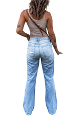 Women’s Ripped Stretch Baggy Jeans  Medium Wash Mid-Rise Flap Pocket Bootcut Denim