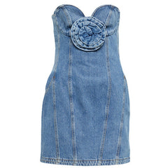 Women's 3D Floral Denim Dress  Embroidered Flower Jean Mini Dress