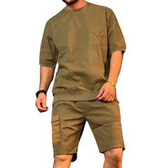 Active Blend Casual Duo Men's Short-Sleeved Top and Multi-Pocket Shorts Set