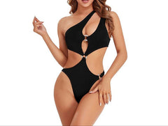 Black One-Shoulder Cutout Bikini Solid Color Oblique Swimsuit for Women