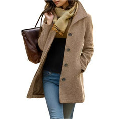 Khaki Women's Medium Length Wool Peacoat Classic Winter Coat with Double Breasted Design