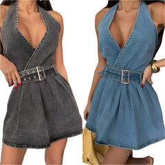 Backless Halter Denim Dress Belted Summer Travel Outfit