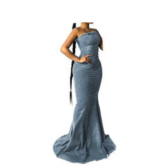 Women’s Denim Bandeau Maxi Dress in Medium Blue, Strapless Fit