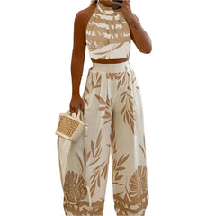 Plus Size Women's Sleeveless Lined Tropical Pant Set – Vacation Night Outfit