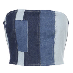 Stand Out in Style: Denim Stitching Color Blocking Tube Top for Fashion Mavericks!
