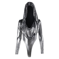 Slim Fit Metallic Shiny Hooded Long Sleeve Bodysuit Top