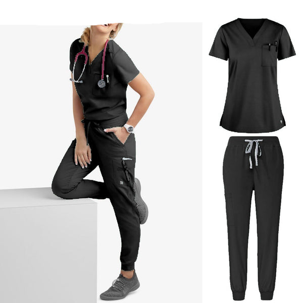 Women's Black Short Sleeve Multi-Pocket Cargo Scrub Overalls - Nurse Uniform Pant Set