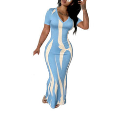 Women's  Chic Casual V-Neck Slim-Fit Short Sleeve Printed Midi Dress