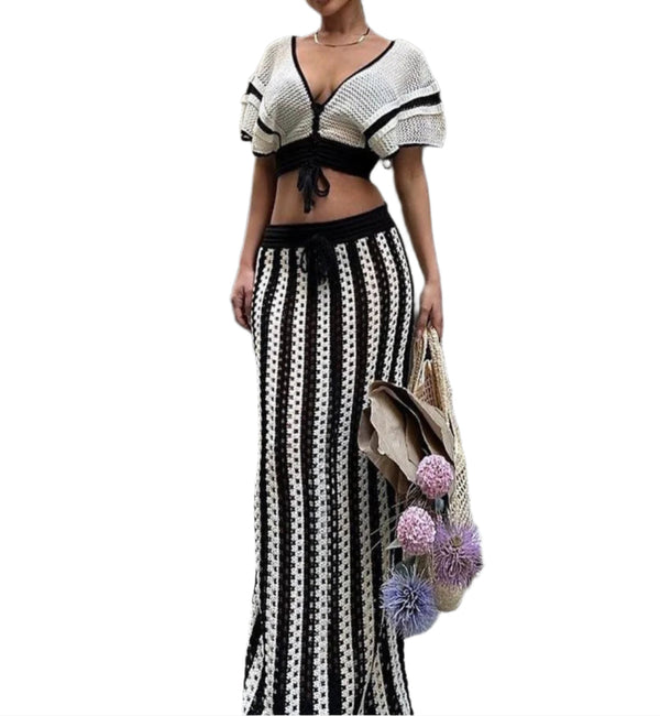 Vibe Knit Striped V-Neck Hollow Out Set Chic Women's Knitted Outfit