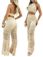 Khaki Crossover Halter Knit Crop Top Vacation Outfit Two-Piece Loungewear